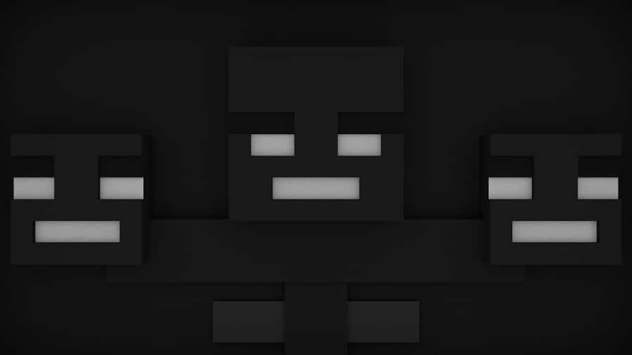 Minecraft Wither Boss 桌布 壁紙 — 三個像素化的Minecraft殭屍，眼睛發出白光，站在黑暗的單色場景中。
