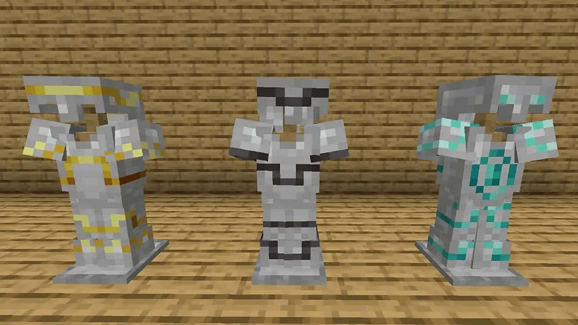 Minecraft Armor 桌布 壁紙 — 三個像素化的Minecraft盔甲套裝並排站在木地板上，背景是磚牆。