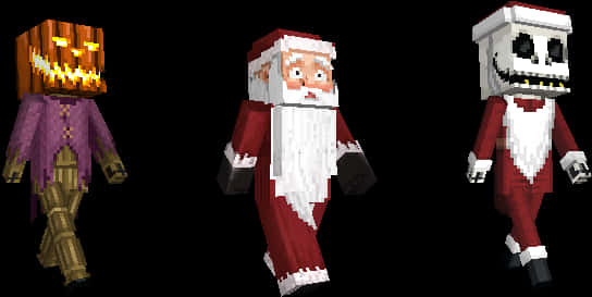 Minecraft Character 桌布 壁紙 — 三個像素化的Minecraft角色打扮成萬聖節南瓜、聖誕老人和傑克·史派羅，站在黑色背景前。