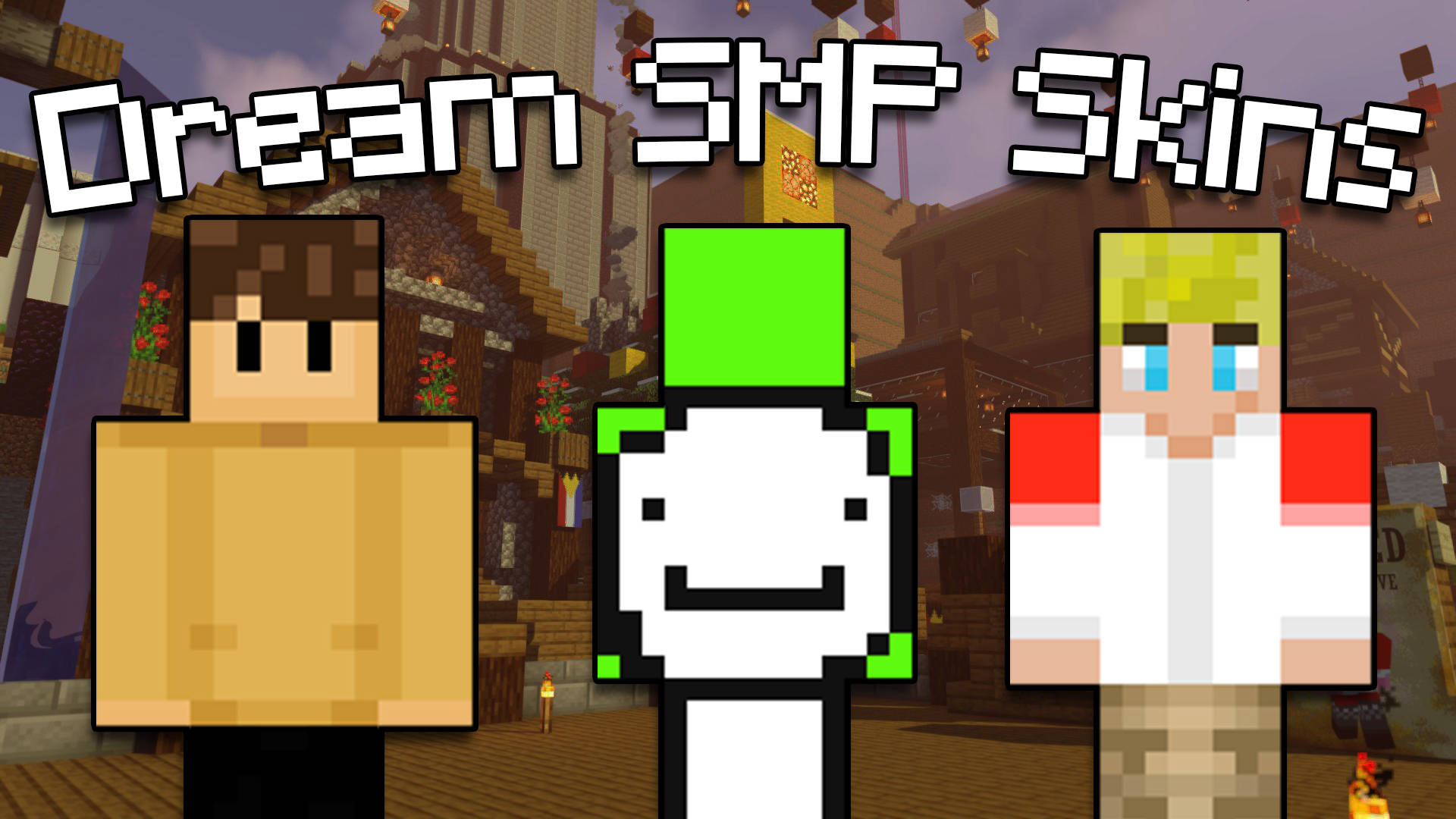  壁紙 — 三個像素化的Minecraft角色，擁有不同的外觀，站在一個方塊村莊中，天空昏暗。