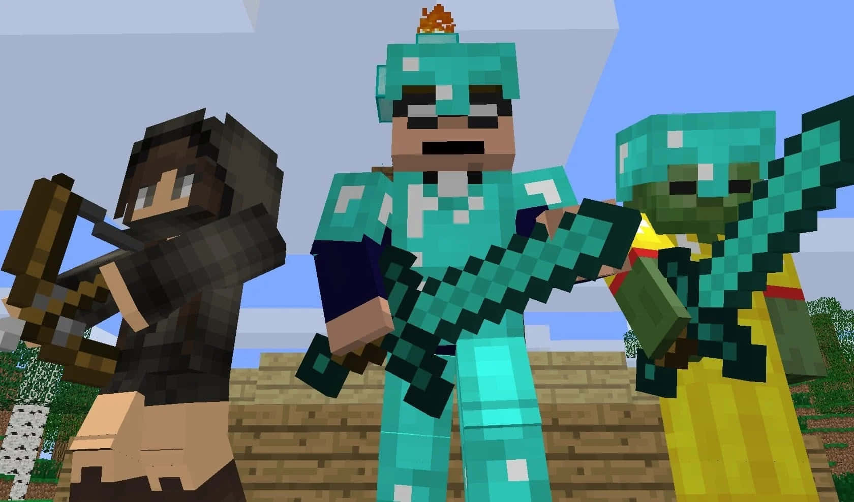 Minecraft Fight 桌布 壁紙 — 三個像素化的Minecraft角色穿著鑽石盔甲，在方塊狀的戶外場景中一起手持劍。