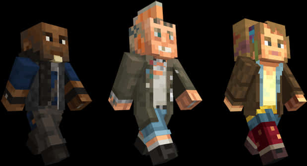 Minecraft Characters 桌布 壁紙 — 三個像素化的Minecraft角色並排站在黑色背景前，每個都有獨特的服裝和方塊特徵。