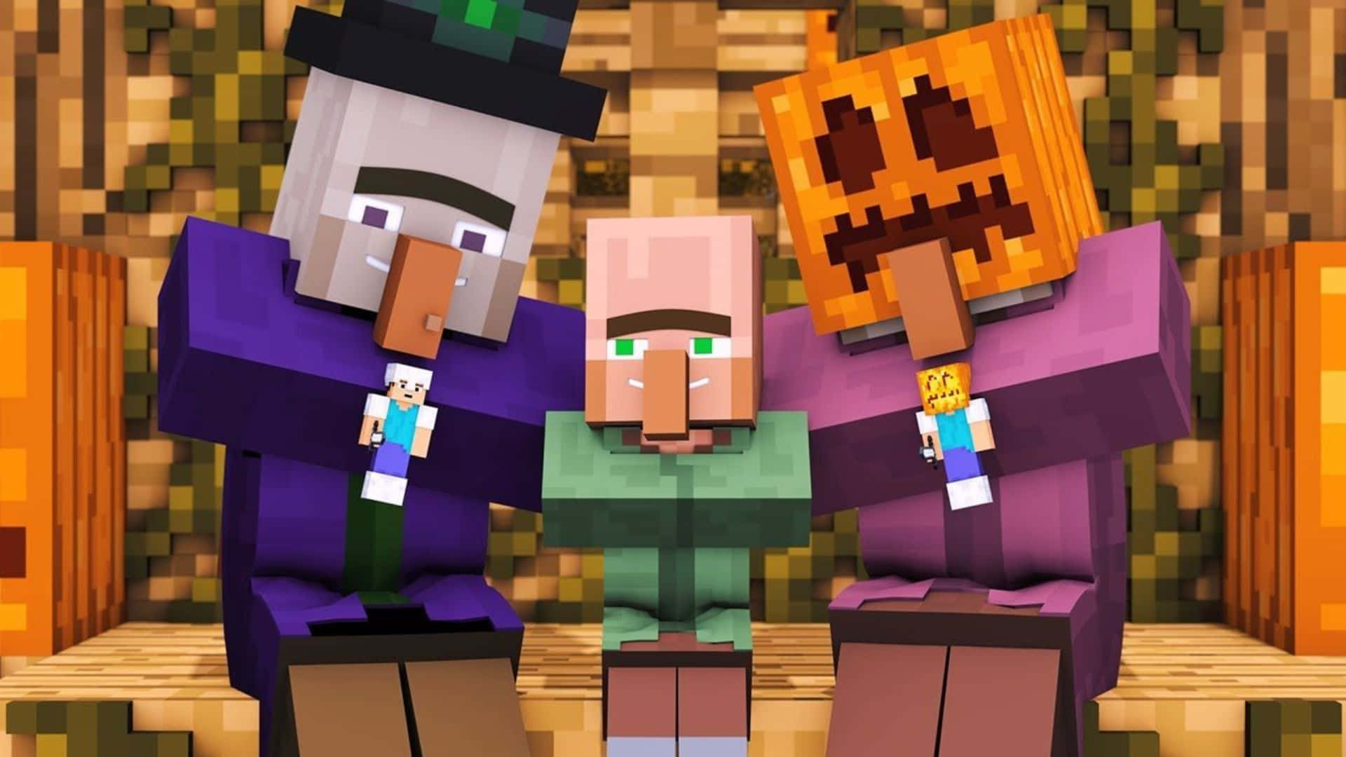 Minecraft Witch 桌布 壁紙 — 三個像素化的Minecraft角色穿著萬聖節服裝，在木屋內部一起擺姿勢。