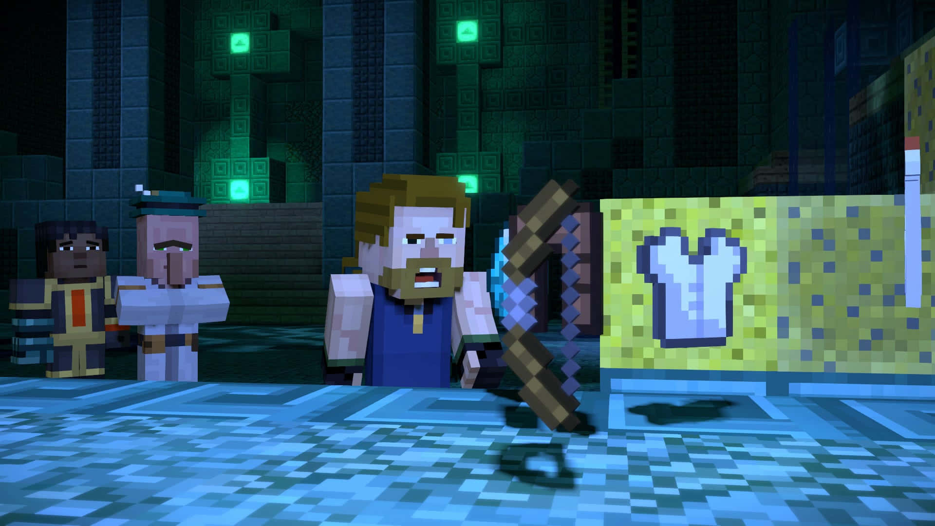 Minecraft Story Mode 桌布 壁紙 — 三個像素化的Minecraft角色站在一個光線昏暗的地牢中，周圍有發光的綠色方塊和藍色瓷磚地板。