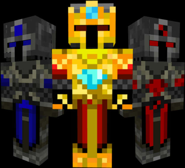 Minecraft Skins 桌布 壁紙 — 三個像素化的Minecraft風格裝甲人物排成一排，站在黑色背景前，閃耀著金色和紅色的點綴。