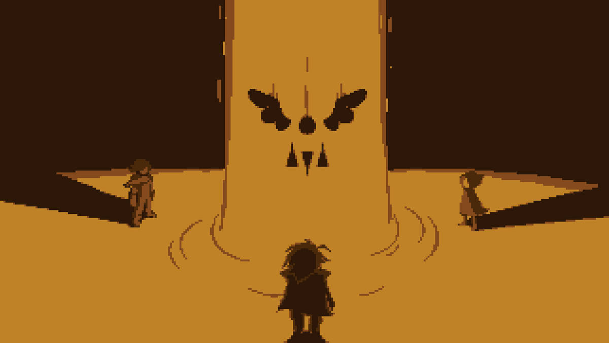 Deltarune 桌布 壁紙 — 三個像素化的人物站在一扇高聳的金色門前，門上刻有一個兇惡的面孔，房間光線昏暗。