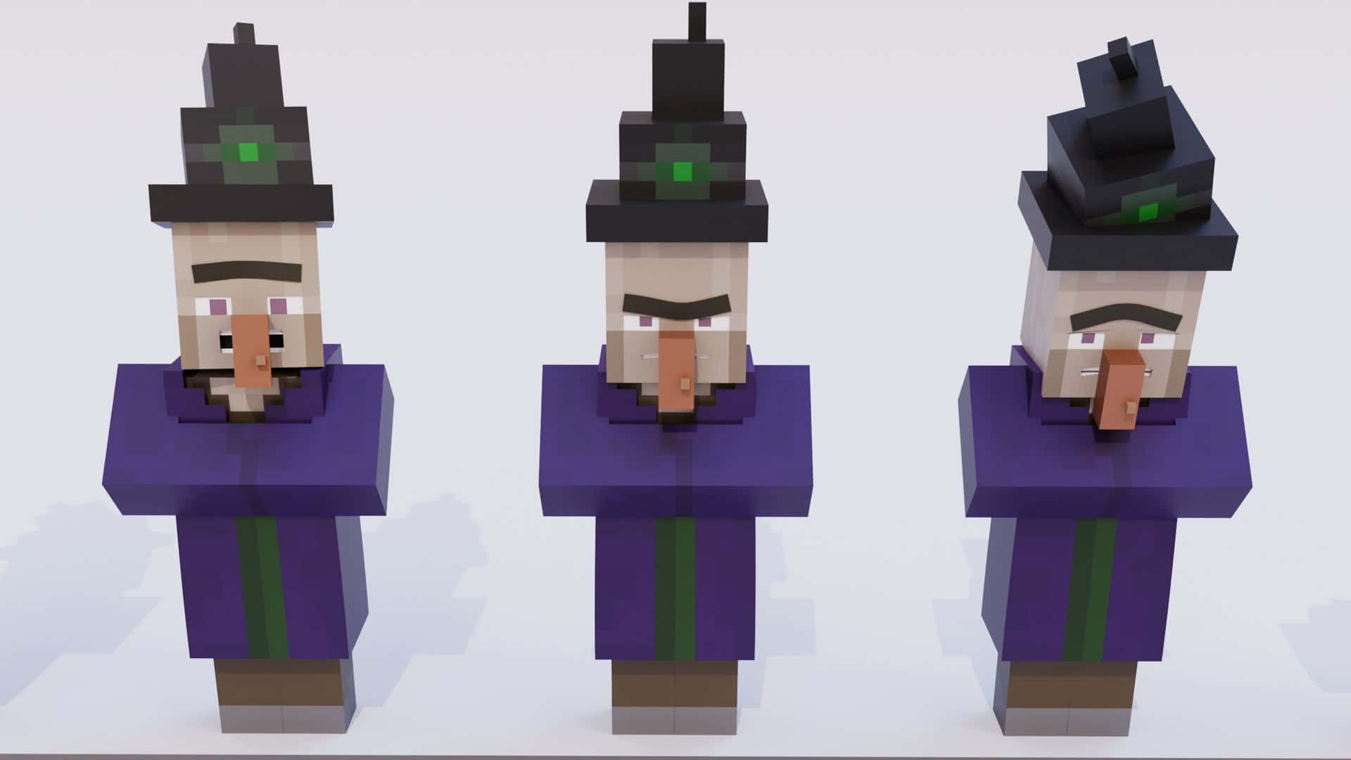 Minecraft Witch 桌布 壁紙 — 三個像素化的女巫角色，穿著紫色長袍和黑色帽子，排成一排站在純白色背景前。