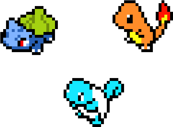 Squirtle 桌布 壁紙 — 三個像素化的寶可夢角色——妙蛙種子、小火龍和傑尼龜——漂浮在純黑色背景上。