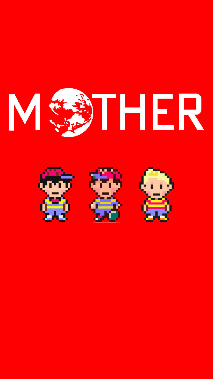 Earthbound 桌布 壁紙 — 三個像素化的小孩站在「MOTHER」字樣下方，其中字母O被地球儀取代，背景為純紅色。