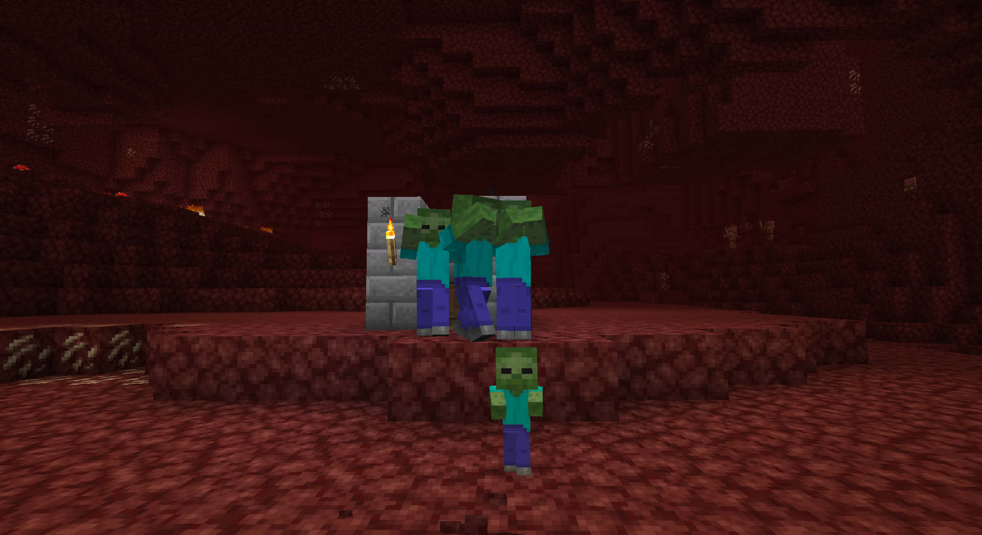 Minecraft Zombie 桌布 壁紙 — 三個像素化的殭屍站在昏暗的紅色地獄堡壘中，火炬在方塊牆上投射出閃爍的光芒。