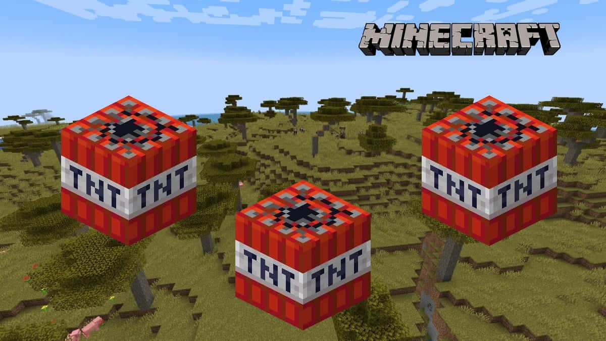 遊戲 桌布 壁紙 — 三個像素化的紅色TNT方塊漂浮在草地的Minecraft景觀上方，背景是清澈的藍天。