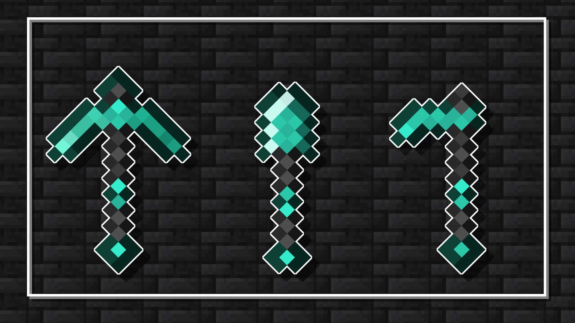 Minecraft Weapons 桌布 壁紙 — 三個像素化的鑽石工具，以Minecraft風格展示在深色磚牆背景上。