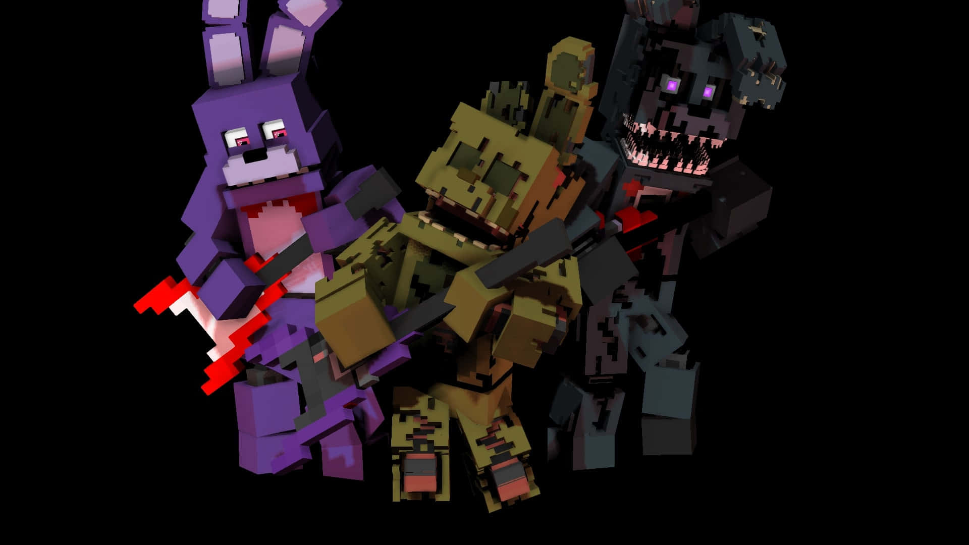 Springtrap 桌布 壁紙 — 三個像素化的電子動畫角色，擁有發光的眼睛和鋒利的牙齒，在黑色背景下威嚇地站立。