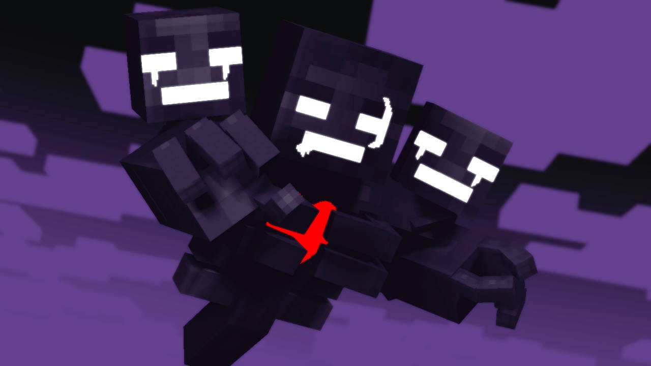 Wither 桌布 壁紙 — 三個像素化的黑色生物，擁有發光的白色眼睛和鋒利的牙齒，在紫色背景上漂浮，並有一個向下指的紅色箭頭。