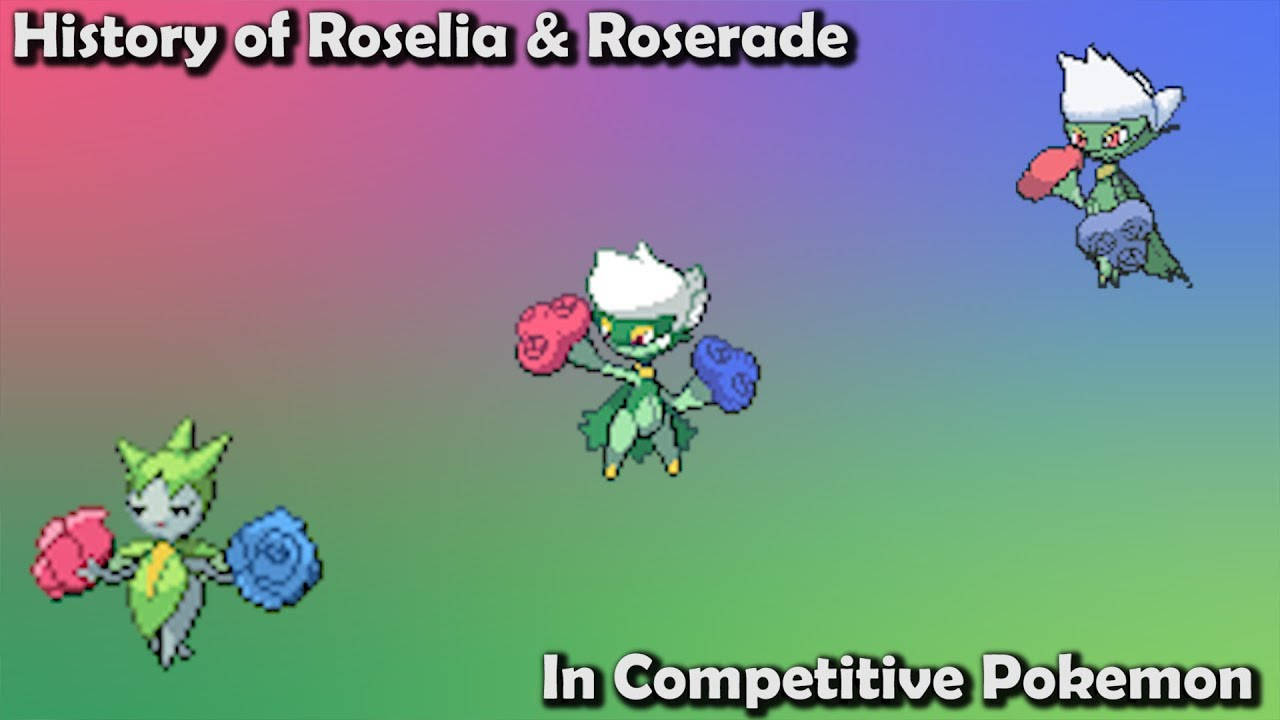 電玩遊戲 桌布 壁紙 — 三個像素藝術 Roselia 和 Roserade 寶可夢漂浮在帶有文字疊加的彩虹漸變背景上。