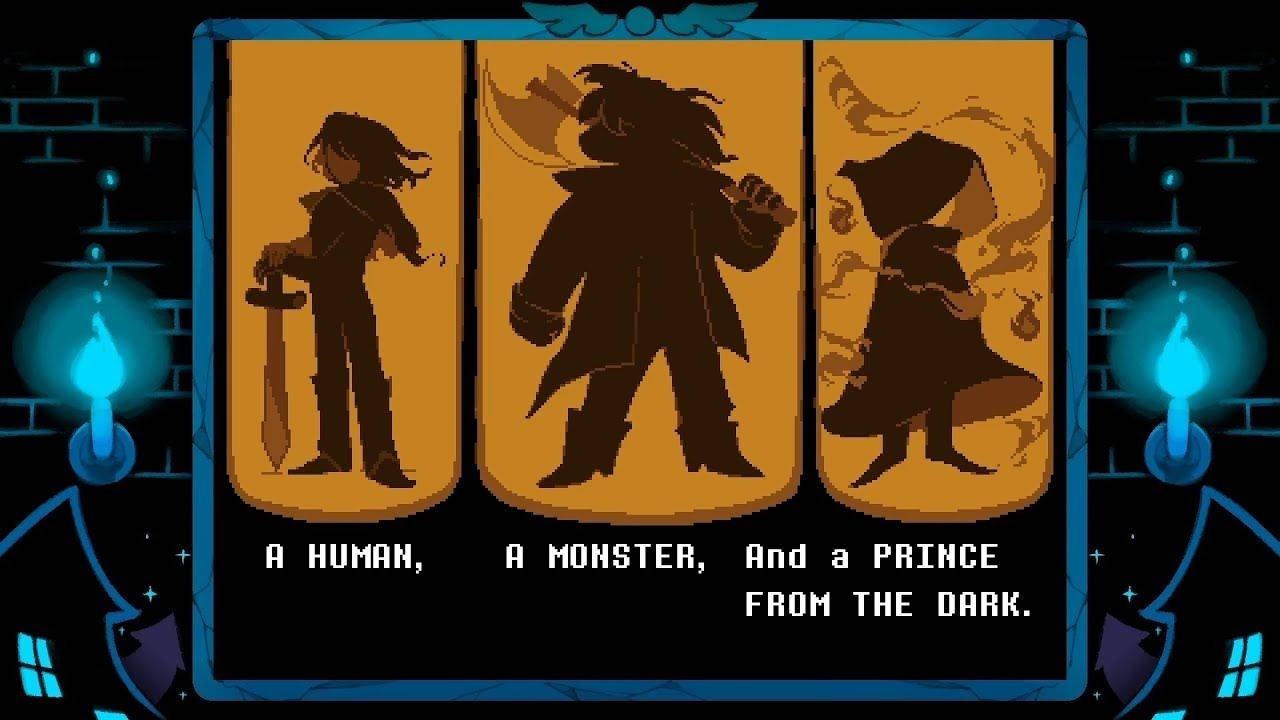 Deltarune 桌布 壁紙 — 三個像素藝術剪影：人類戰士、怪物和黑暗王子，站在由藍色火炬框住的發光橙色面板中。