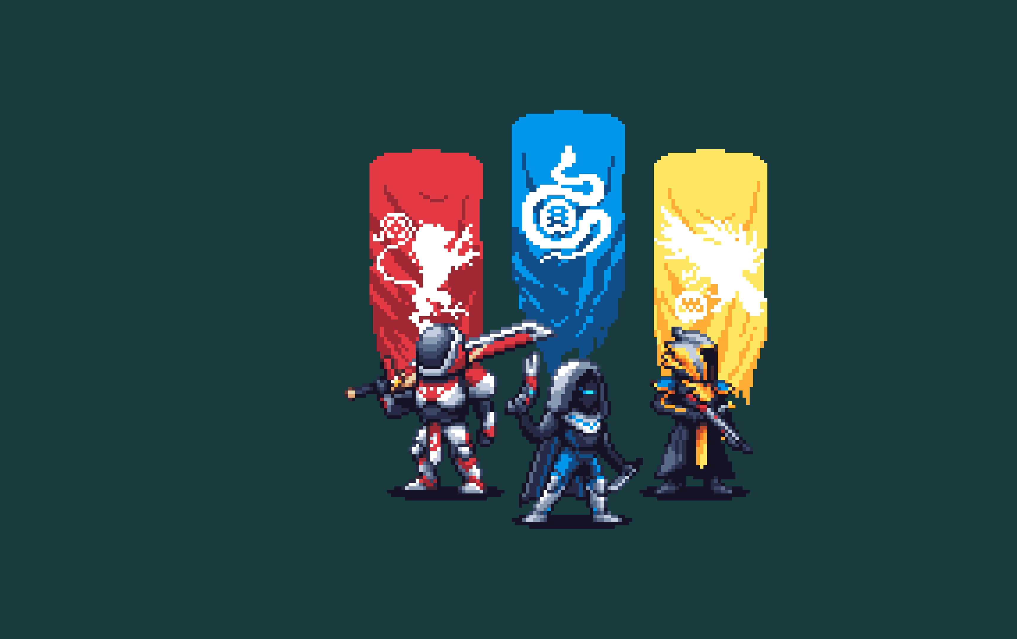 Destiny Characters 桌布 壁紙 — 三個像素藝術戰士站在色彩繽紛的旗幟前，旗幟上有龍、蛇和鳳凰的符號，背景為深青色。