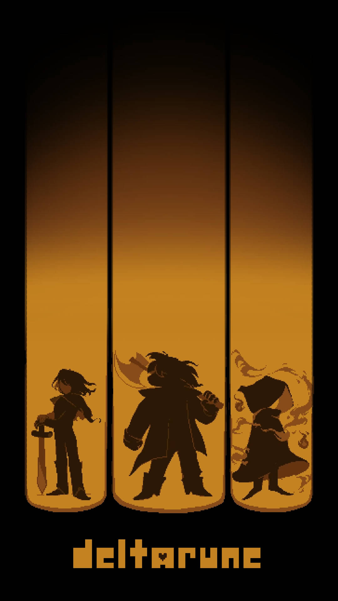 Deltarune 桌布 壁紙 — 三個像素藝術角色以剪影形式站立在溫暖的橙色漸變背景前，下方有標題 'deltarune'。