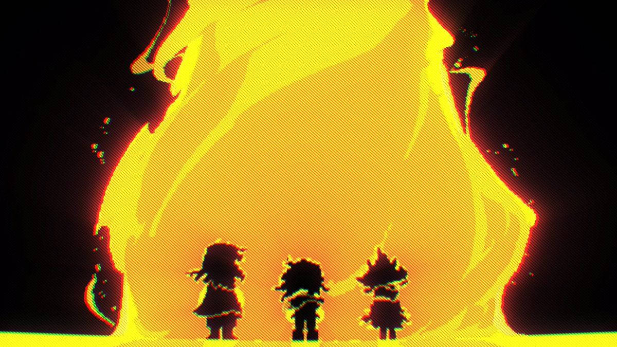Deltarune 桌布 壁紙 — 三個像素藝術角色在黑色背景前，以剪影形式站在巨大的發光黃色火焰前。
