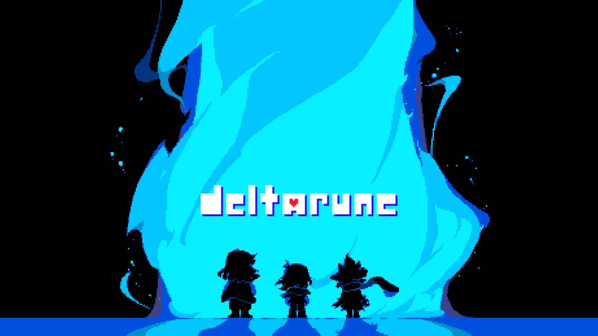 Deltarune 桌布 壁紙 — 三個像素角色站在一個發光的藍色魔法傳送門前，上面有復古字體的標題「deltarune」。
