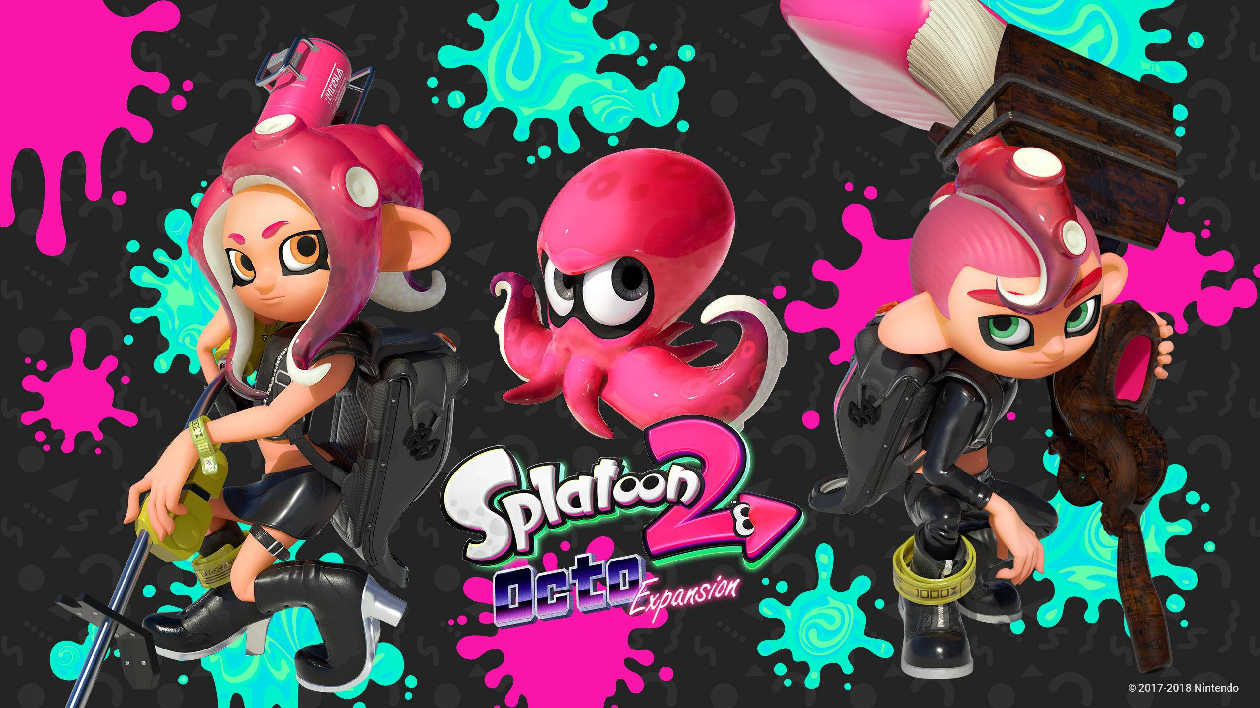 斯普拉遁 桌布 壁紙 — 三個充滿活力的Splatoon 2角色和一隻章魚在深色背景上濺出螢光粉紅和藍綠色墨水。