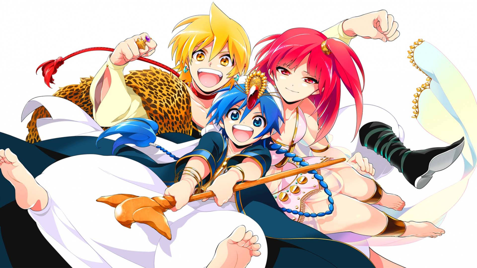 magi the kingdom of magic 桌布 壁紙 — 三個充滿活力的動漫角色，擁有色彩繽紛的頭髮，在純白色背景前充滿活力地擺姿勢。