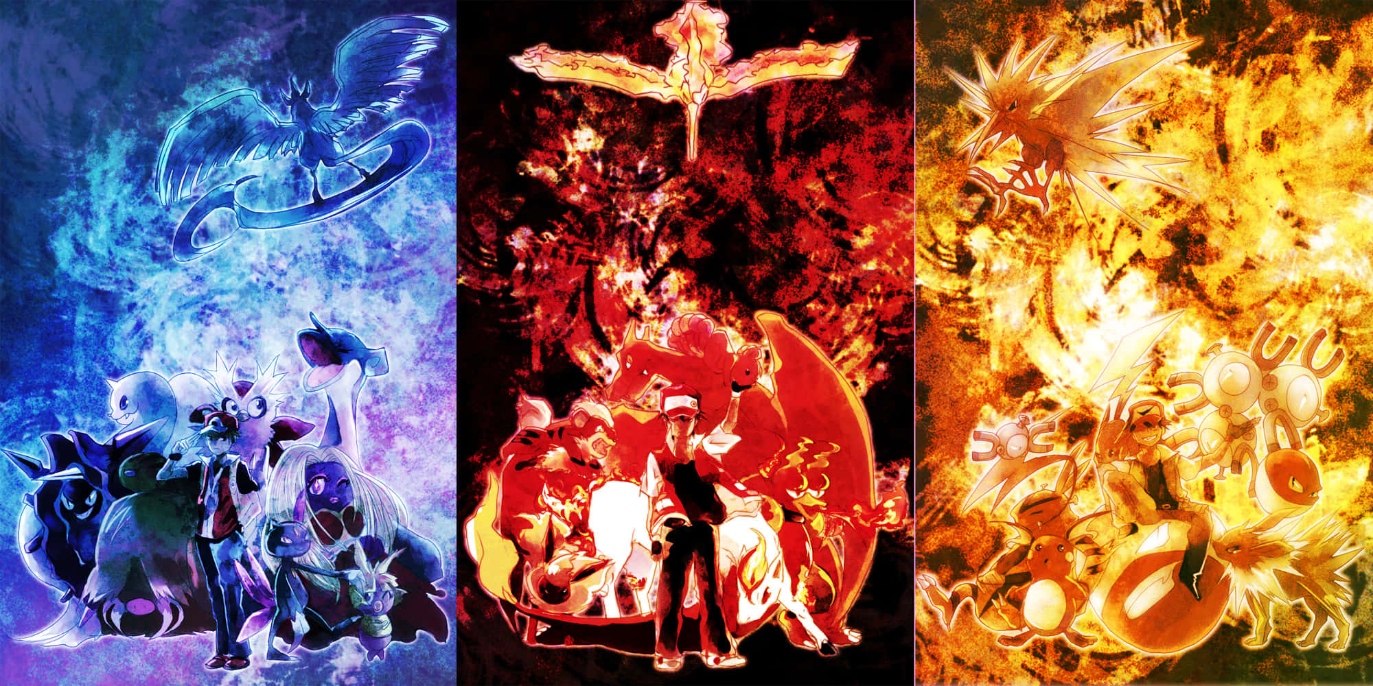 抽象 桌布 壁紙 — 三個充滿活力的動漫面板展示了寶可夢角色在宇宙藍、紅和金色背景下的動態姿勢。