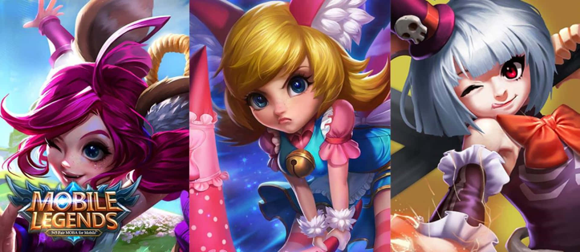 Mobile Legends 動態圖 桌布 壁紙 — 三個充滿活力的動漫風格遊戲角色，穿著獨特的服裝和表情，在色彩繽紛的奇幻背景前擺姿勢。