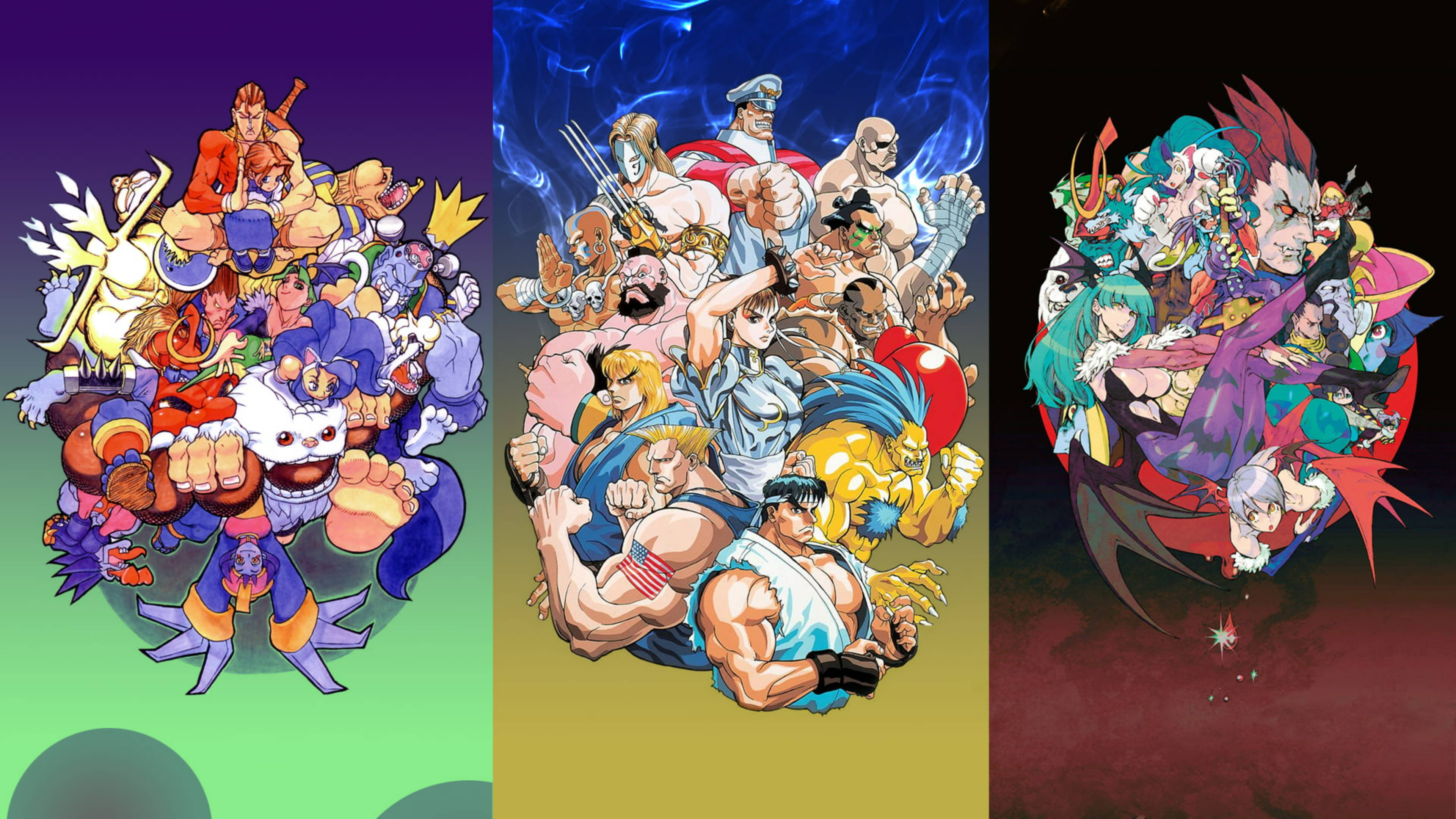 Capcom 桌布 壁紙 — 三個充滿活力的動漫風格面板展示了密集的標誌性電子遊戲角色群體，以動態姿勢呈現在色彩繽紛的漸變背景上。