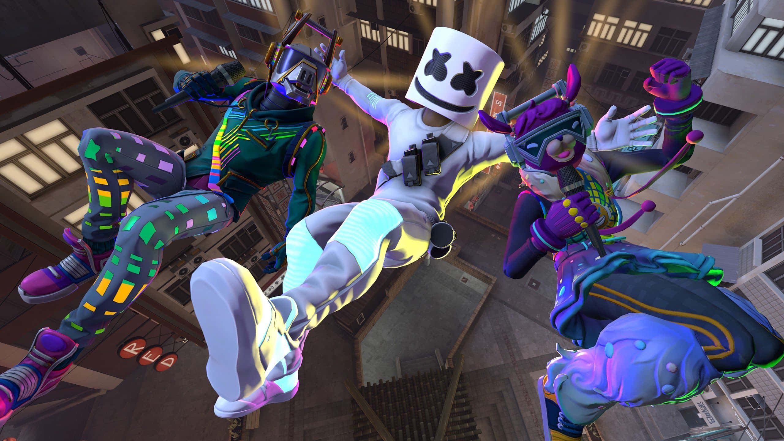 Fortnite 桌布 壁紙 — 三個充滿活力的遊戲角色身穿霓虹裝備，在發光效果和動態姿勢中翱翔於城市景觀。