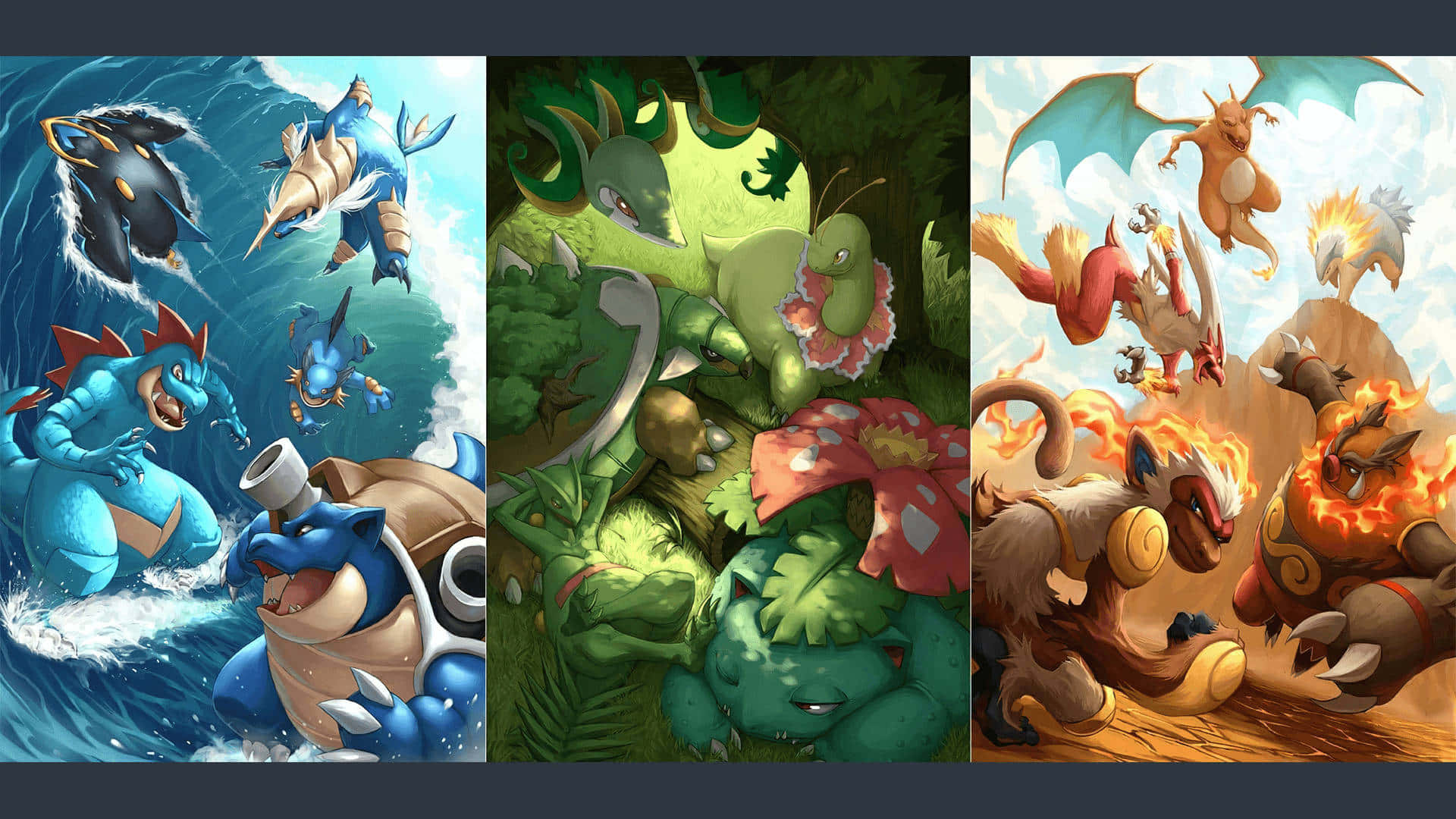 Pokemon Posters 桌布 壁紙 — 三個充滿活力的面板展示了寶可夢在海洋叢林和火熱景觀中戰鬥，姿勢動感，色彩鮮豔。