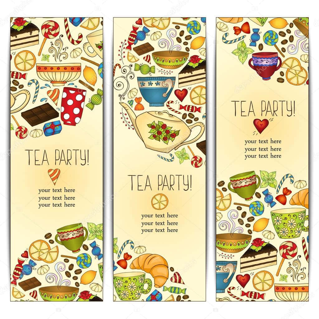 Tea Party 桌布 壁紙 — 三個充滿童趣的茶會橫幅，以俏皮的手繪風格裝飾著色彩繽紛的杯子、蛋糕、糖果和可頌。