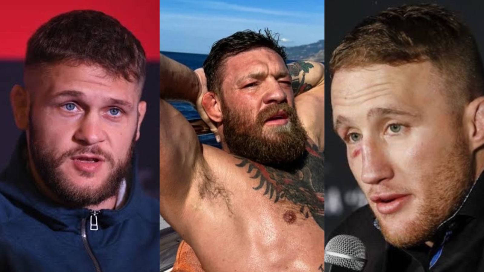 UFC 桌布 壁紙 — 三個充滿鬥志的男性戰士特寫肖像，展現決心與疲憊。