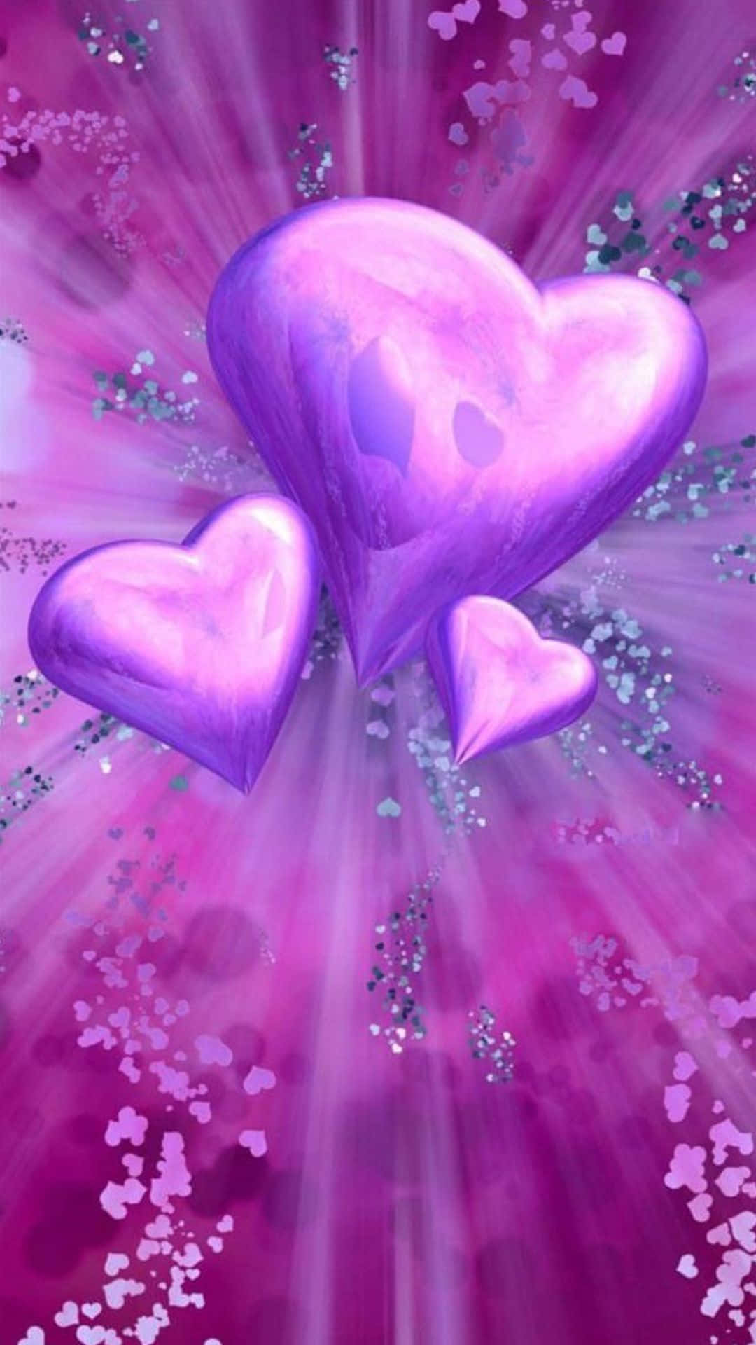 Pink Heart iPhone 桌布 壁紙 — 三個光滑的紫色心形漂浮在閃爍的閃粉和燦爛的粉紅色光束中。