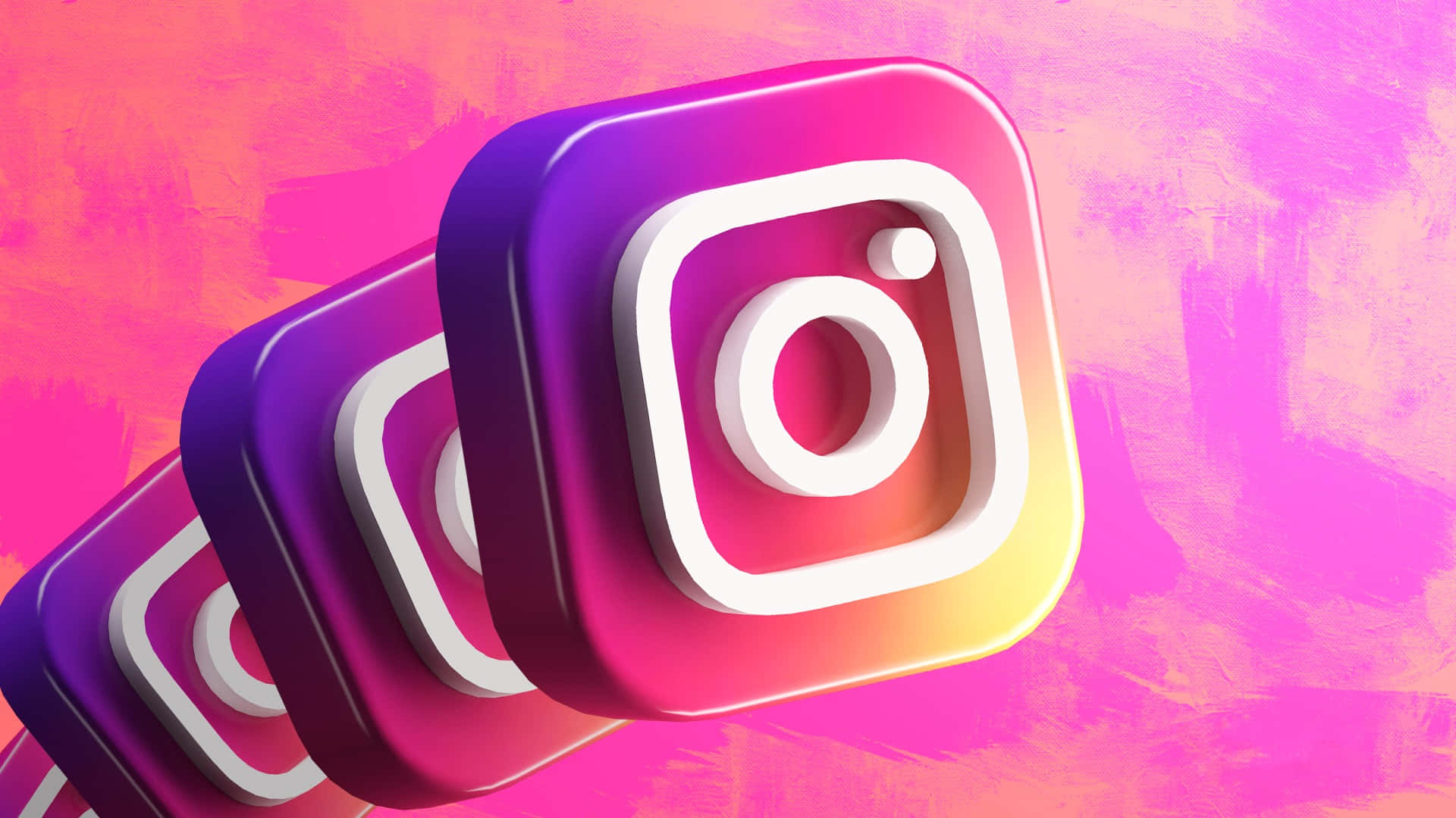 Instagram 桌布 壁紙 — 三個光澤的Instagram應用程式圖示對角漂浮在充滿活力的粉紅色和紫色紋理背景上。