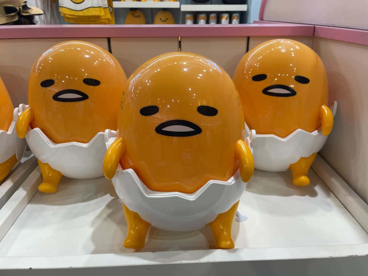 商店貨架上的三個Gudetama蛋形玩具。 — 蛋黃哥 壁紙