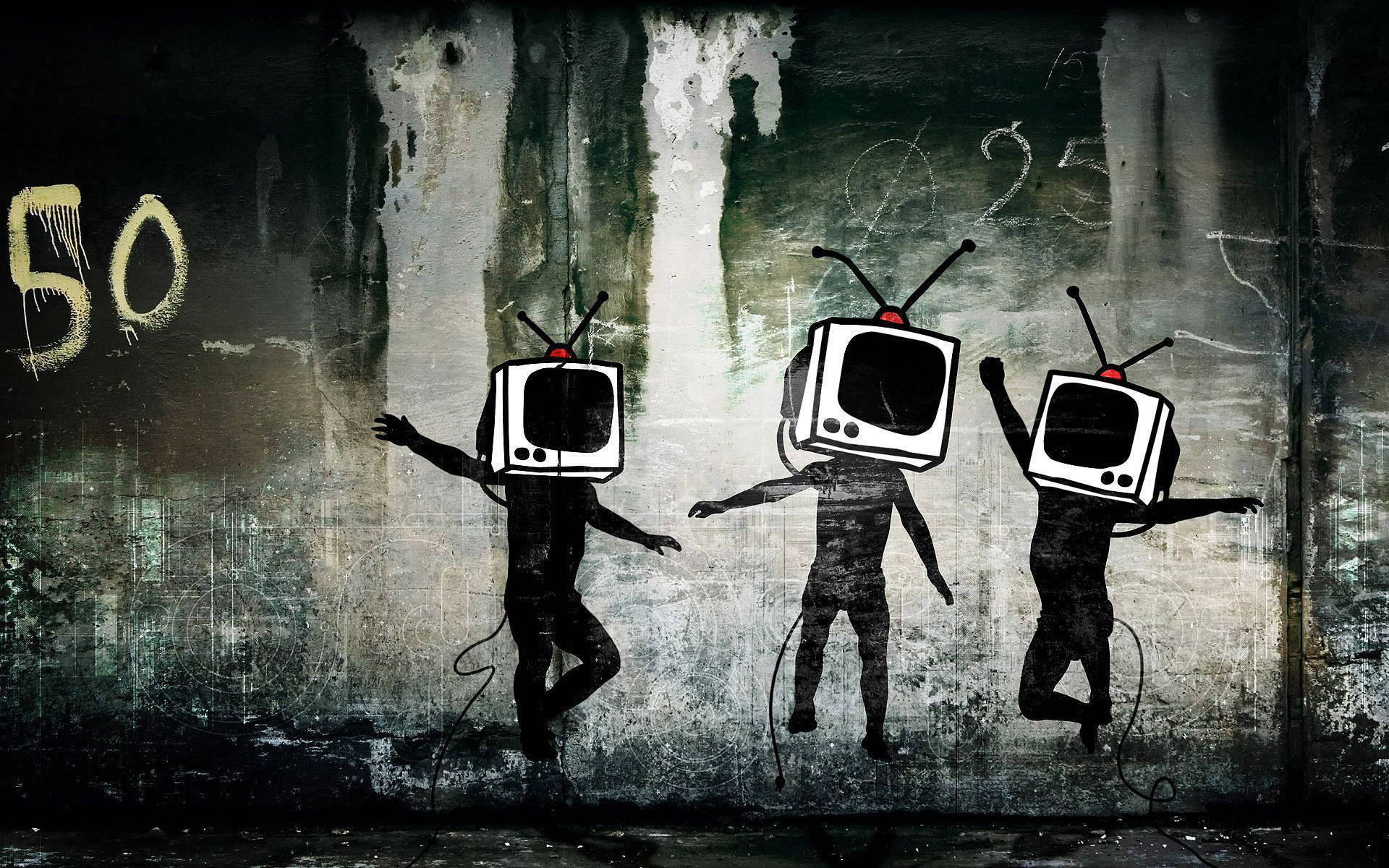 tv 桌布 壁紙 — 三個剪影人物，頭部是復古電視機，在佈滿塗鴉的混凝土牆前跳舞。