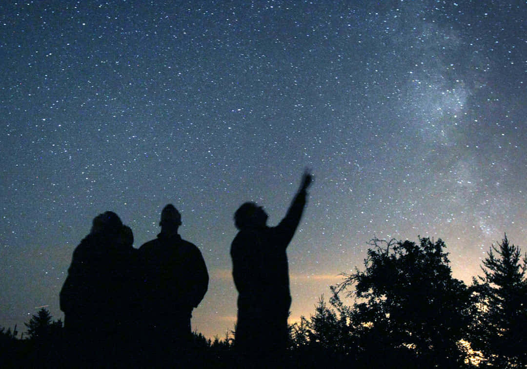 Stars 桌布 壁紙 — 三個剪影人物仰望令人嘆為觀止的星空，銀河在樹線上方閃耀。