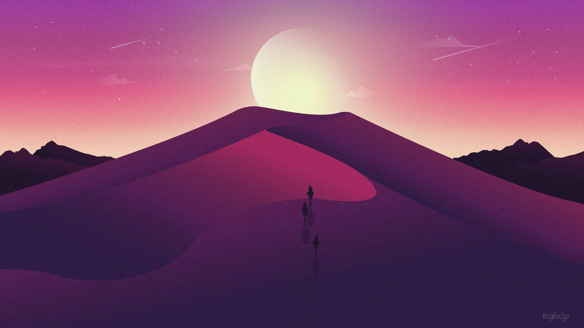 沙漠太陽 桌布 壁紙 — 三個剪影人物在發光的日落和流星下穿越廣闊的紫色沙漠沙丘。