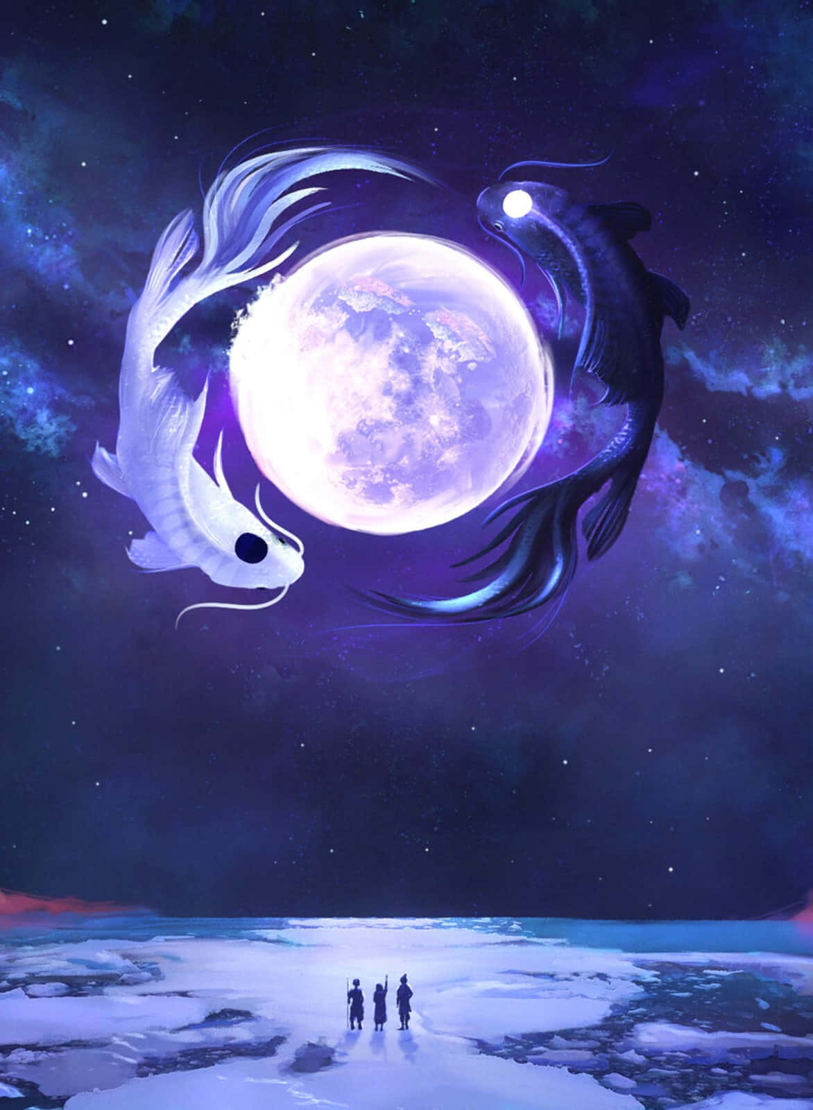 Yin Yang Fish 桌布 壁紙 — 三個剪影人物站在冰凍的海岸上，仰望兩條宇宙陰陽魚在繁星點點的紫色天空中圍繞著發光的月亮旋轉。