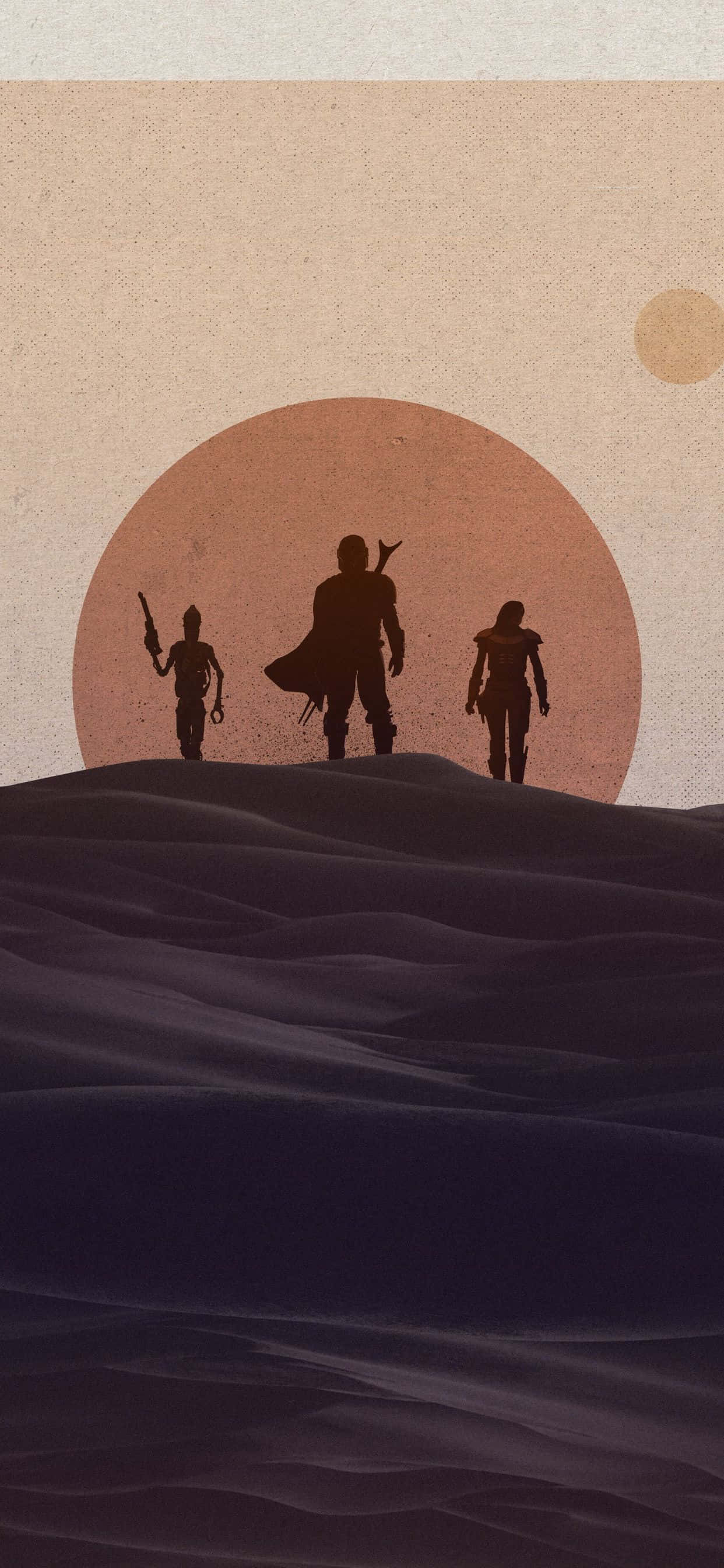 The Mandalorian iPhone 桌布 壁紙 — 三個剪影人物站在沙丘頂端，在沙漠景觀中，巨大的橙色太陽之下。
