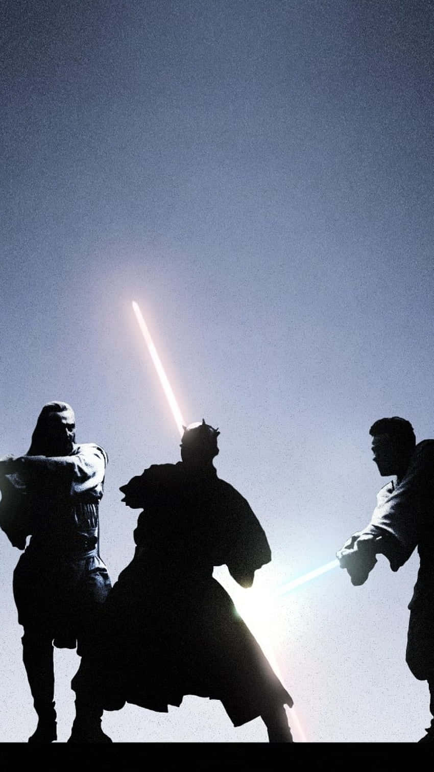 The Phantom Menace 桌布 壁紙 — 三個剪影戰士用發光光劍在漸變天空下戰鬥。