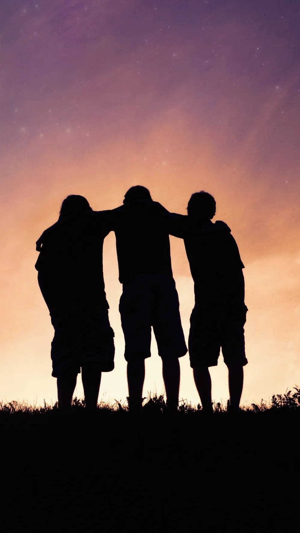 3 Best Friends 桌布 壁紙 — 三個剪影朋友手挽手站在山頂上，背景是佈滿星星的充滿活力的暮色天空。