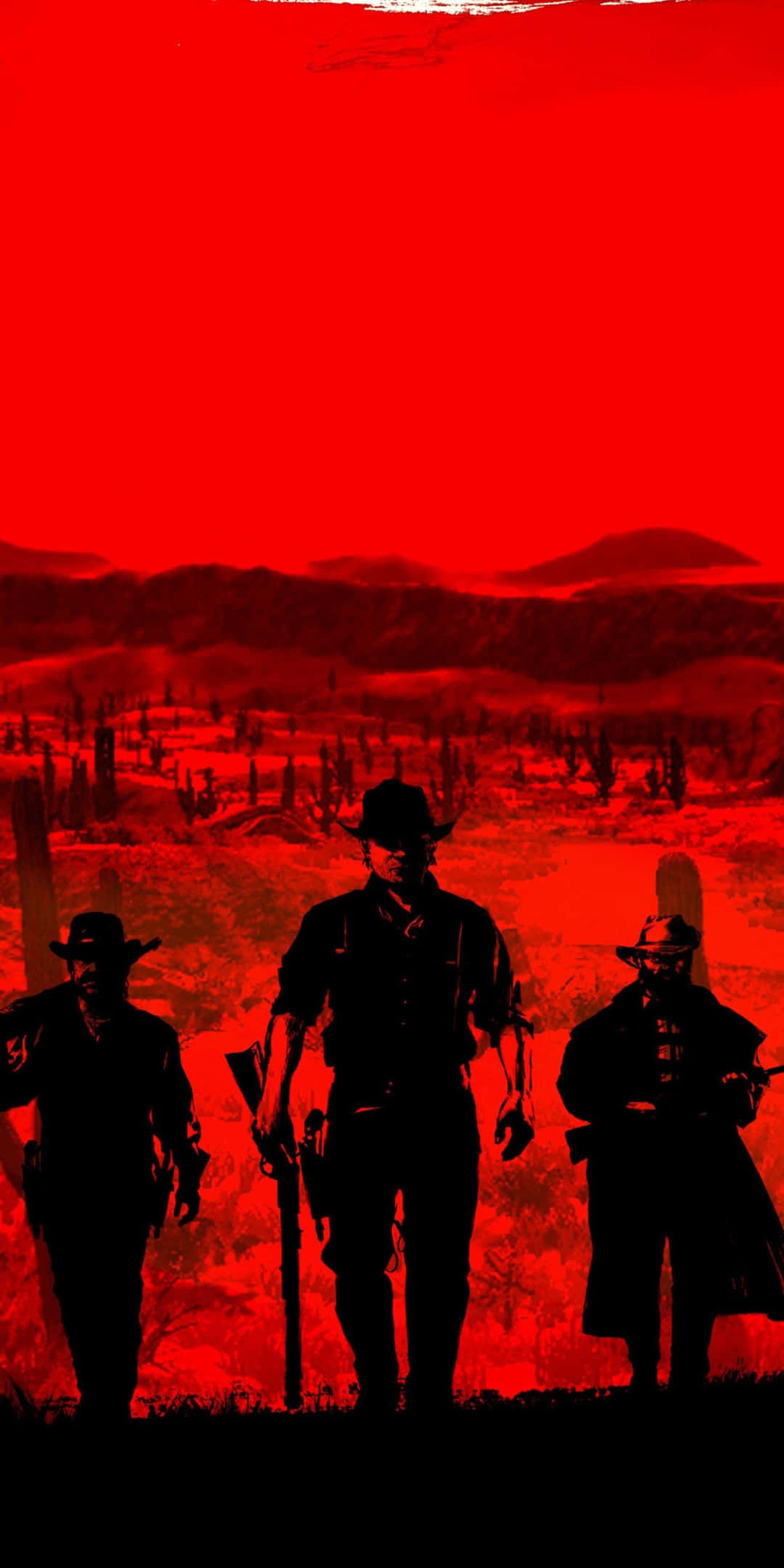 Red Dead Redemtion 2 桌布 壁紙 — 三個剪影牛仔站在血橙色天空下荒涼的紅色沙漠景觀中。