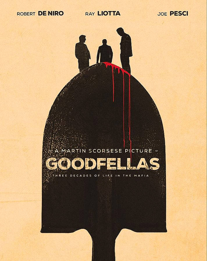 goodfellas 桌布 壁紙 — 三個剪影男子站在一把巨大的鏟子上，鏟子滴下紅色液體，背景是米色。
