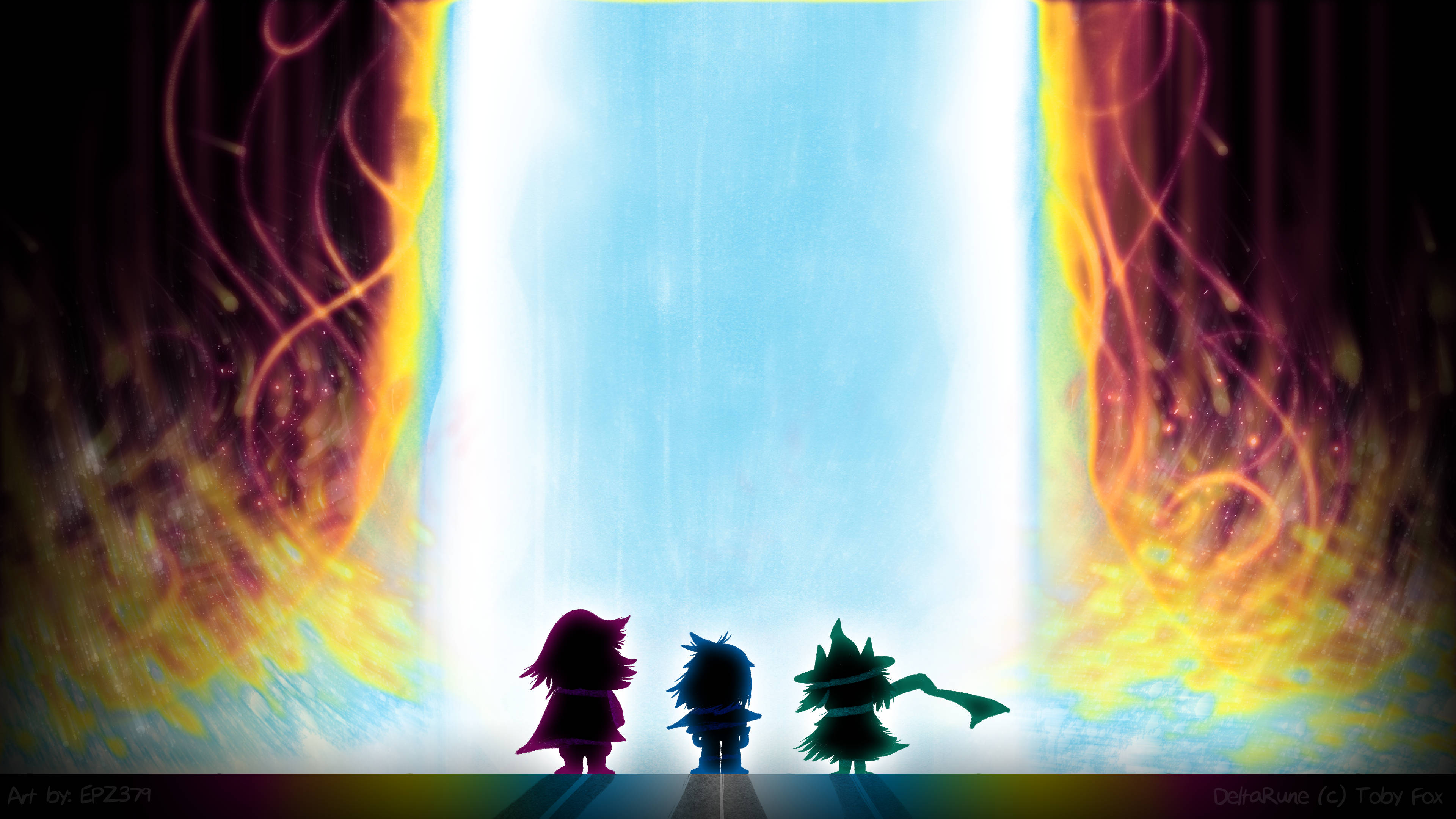 Deltarune 桌布 壁紙 — 三個剪影角色站在一個發光的藍色傳送門前，周圍環繞著旋轉的火焰能量。