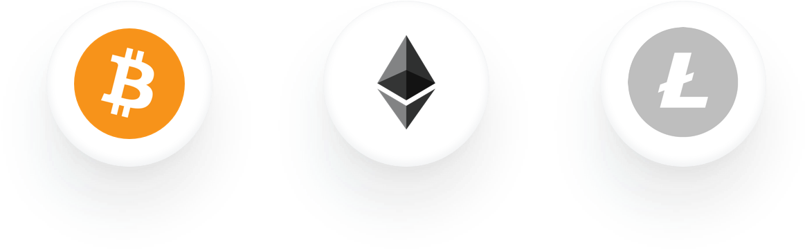 Cryptocurrency 桌布 壁紙 — 三個加密貨幣標誌 Bitcoin Ethereum 和 Litecoin 顯示在白色圓圈中，帶有青藍色動態模糊效果，背景為黑色。