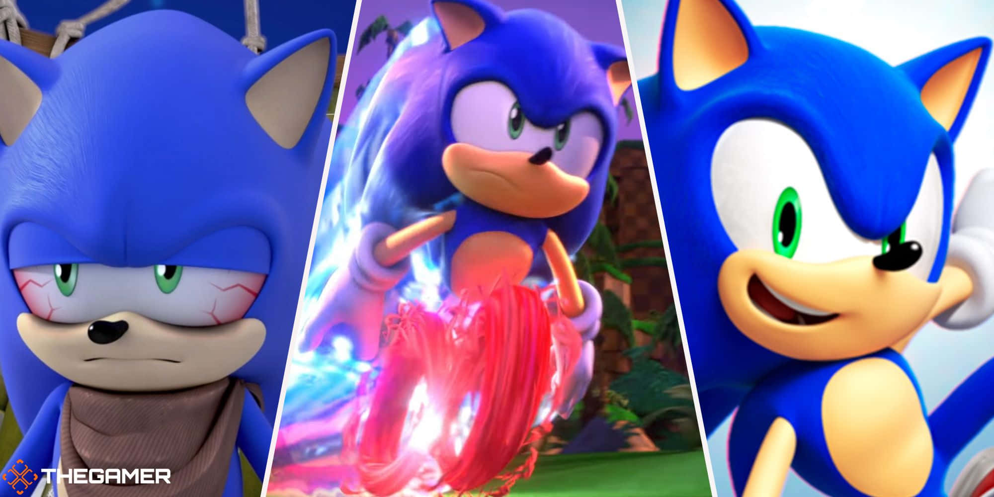 Sonic The Hedgehog 桌布 壁紙 — 三個動態描繪音速小子在不同遊戲風格和表情中的動作姿勢。