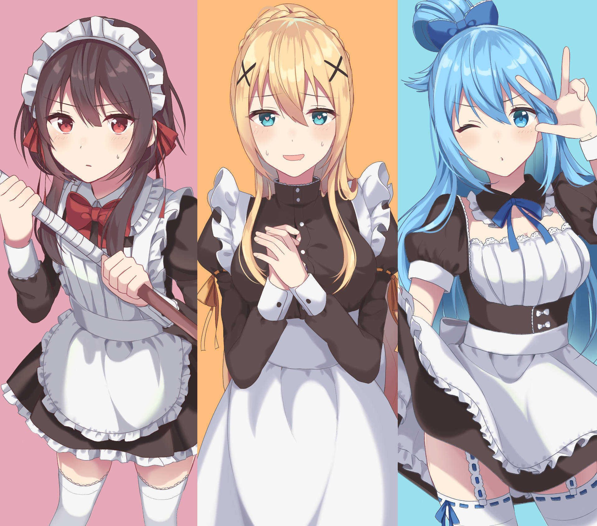 Konosuba 桌布 壁紙 — 三個動漫女僕女孩在不同顏色的面板中，各自擁有獨特的表情和姿勢。