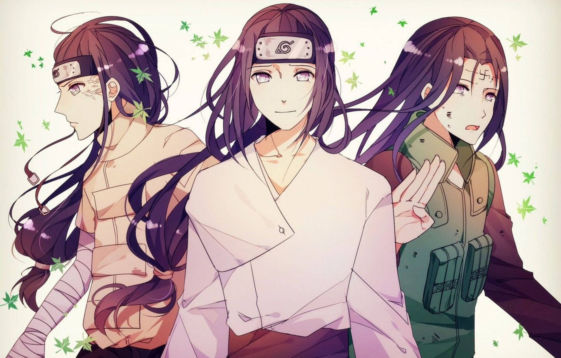 Neji 桌布 壁紙 — 三個動漫女孩，長長的紫色頭髮和忍者頭帶，站在漂浮的綠葉中，背景是柔和的奶油色。